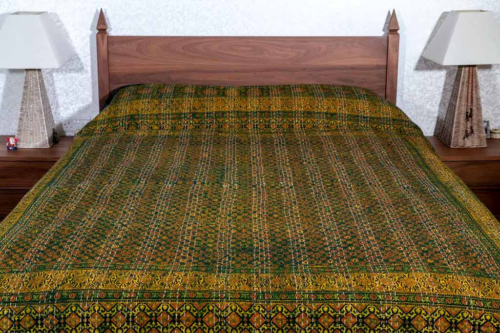 Green Ajrakh Printed Bedspread