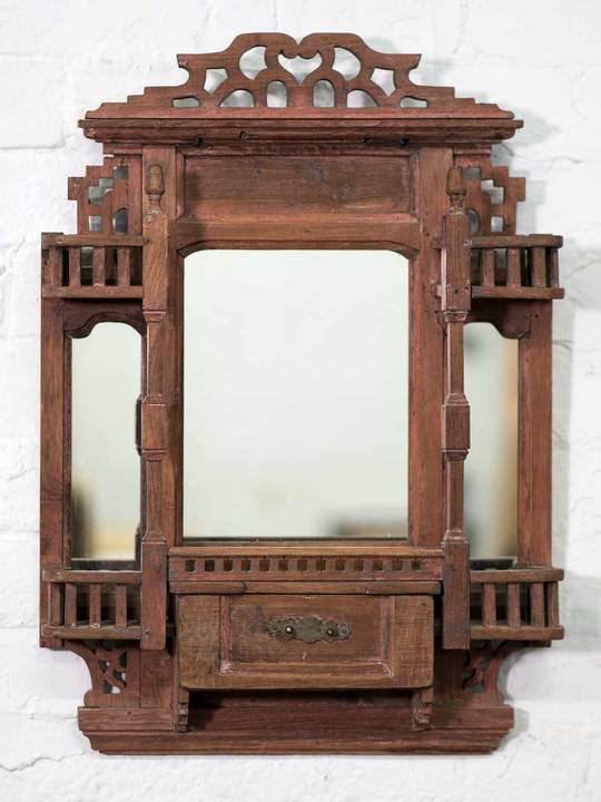 Indian Wooden Mirror with Five Jarokha Balconies