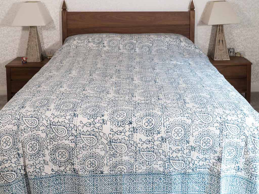 Indigo Flowers Print Indian Kantha Bedspread