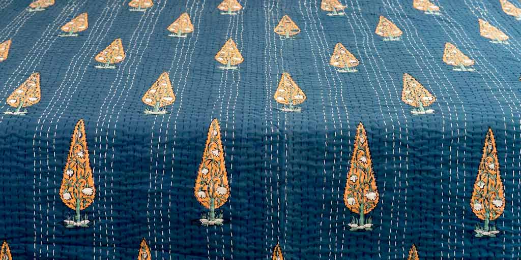 Indigo & Gold Indian Double Bedspread