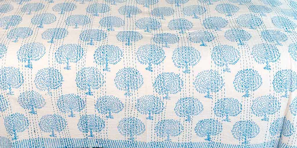 Light Blue Trees Pattern Indian Bedspread