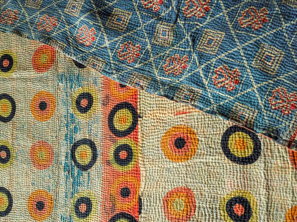 Both sides of Blue Squares Vintage Kantha Quilt