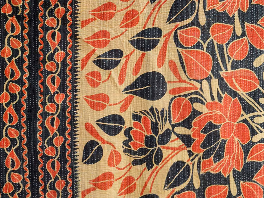 Rust and Charcoal Floral Art Nouveau Print Kantha Quilt