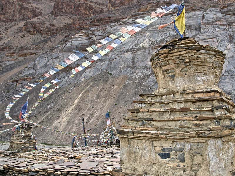 prayer flags at yak horn shrine at Lhatoo, Ladakh