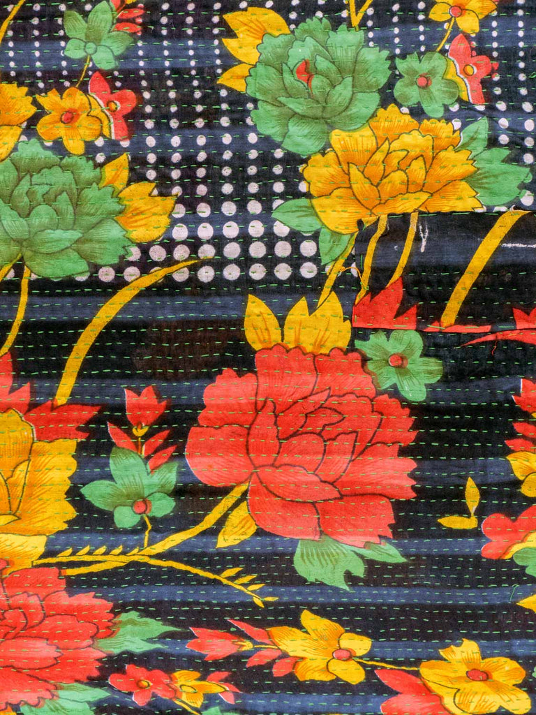 Multicoloured Kantha Quilt with Red Gold Flowers