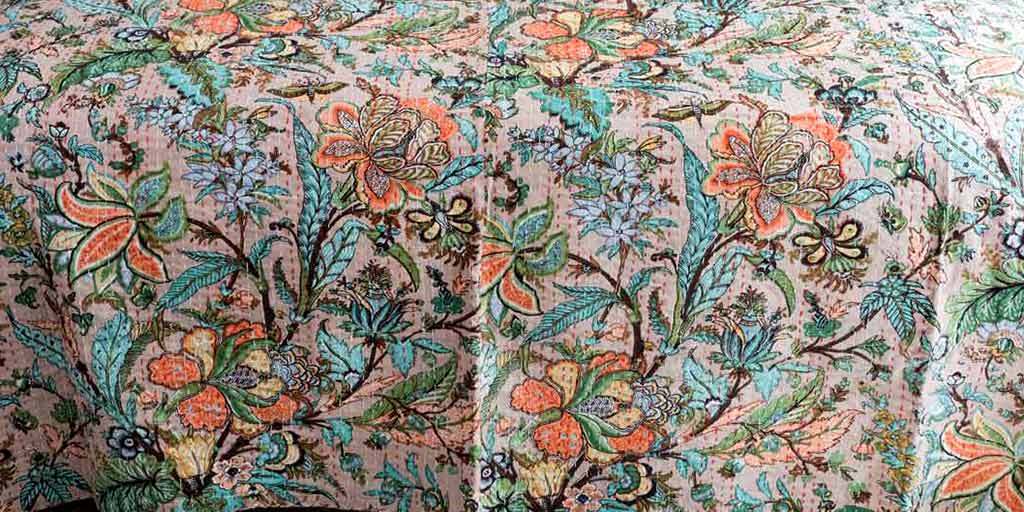 Peach & Aqua Floral Printed Cotton Bedspread