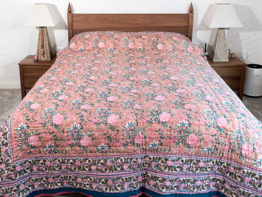 Pink Roses Reversible Soft Indian Quilt