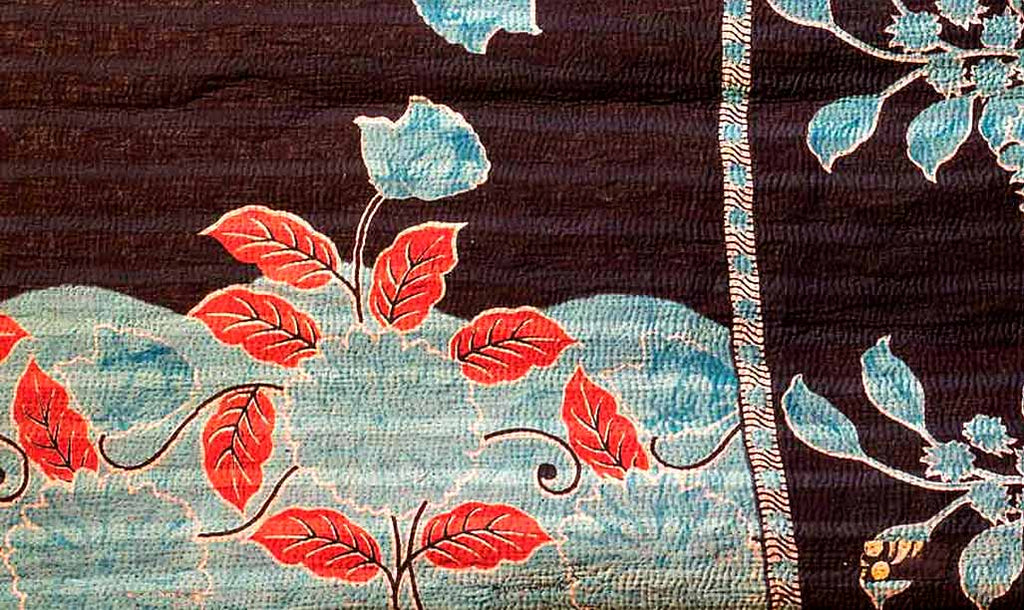 Red Leaves Blue Flowers Vintage Kantha Quilt