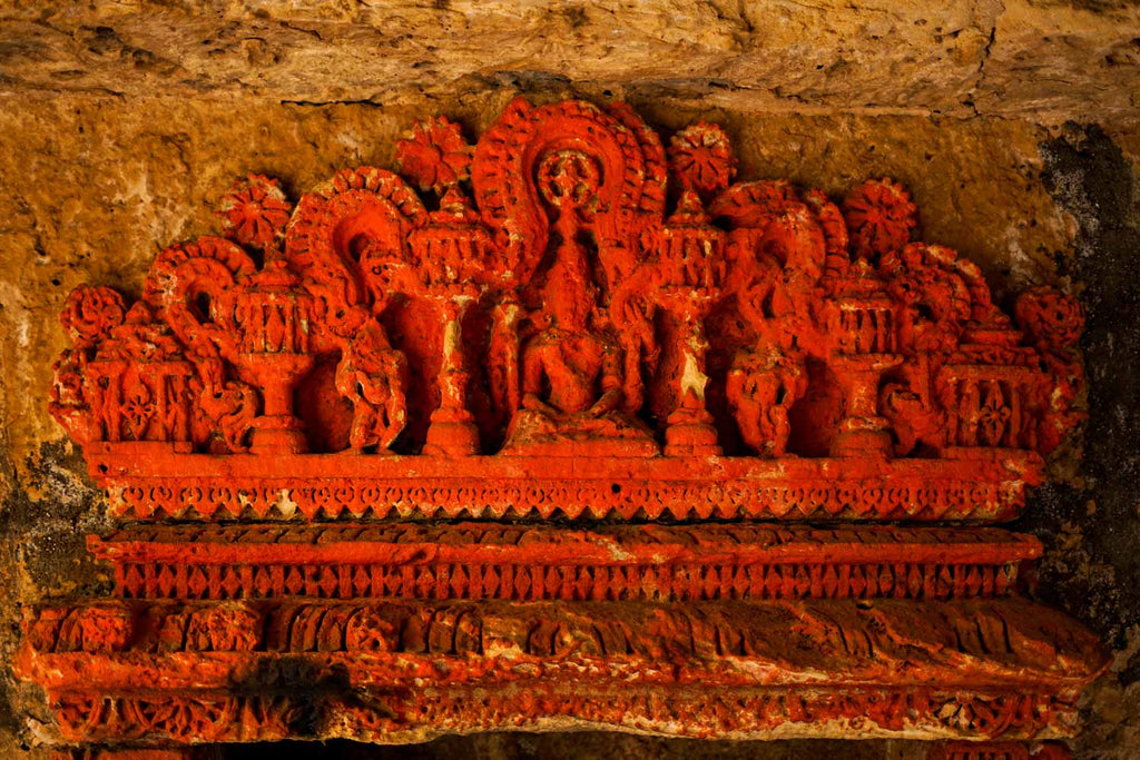Intricate red shrine, Minal Vav, Virpur