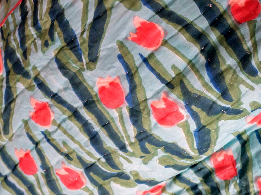 Red Tulips on Green Reversible Indian Cotton Quilt