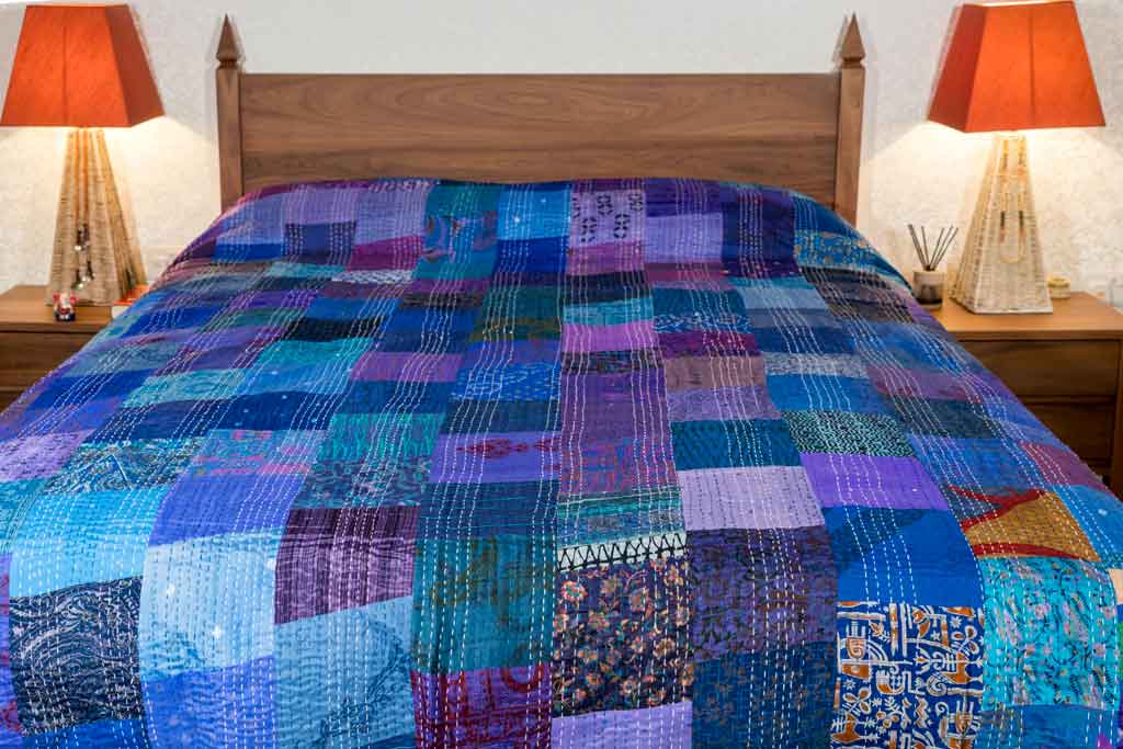 Silk-patchwork-Kantha-bedspread-vibrant-indigo