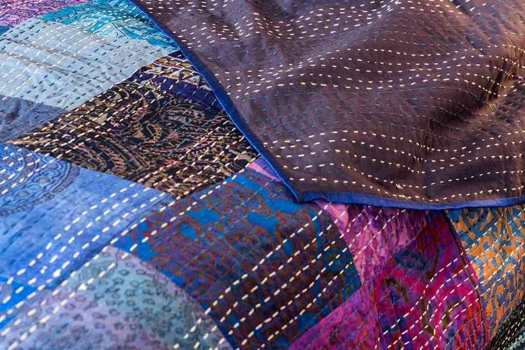 Vibrant blue silk patchwork kantha bedspread