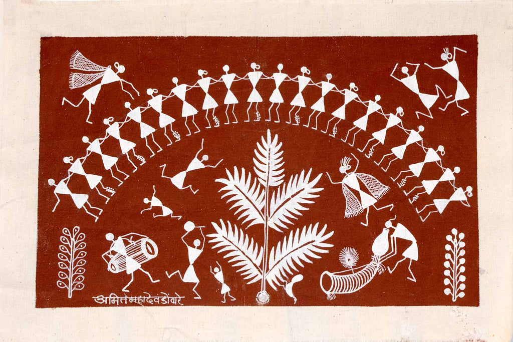 Warli painting of Dancers & a Tree