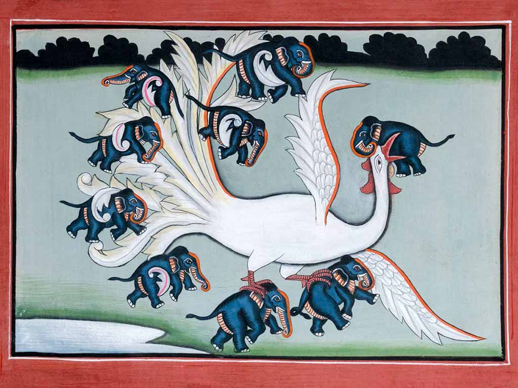 Tantric Painting of a Simurgh & Elephants