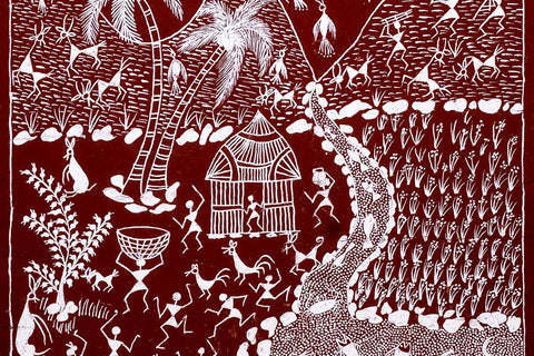 Warli painting of a village and river