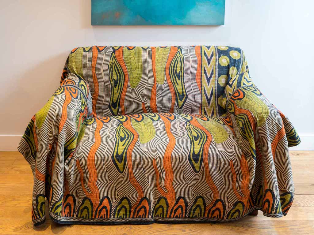 Patterned Kantha Quilt on sofa
