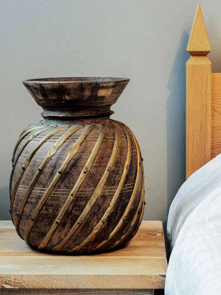 Old Wooden Grain Pot with Brass Hoops