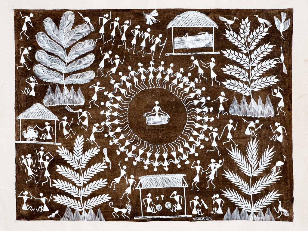 Warli Painting of a Drummer in a Circle – Silk Road Gallery