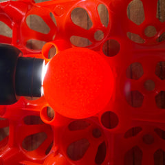 looking down on to the end of an egg on a red egg collecting tray which is being illuminated by an egg candler. a faint circle can be seen that takes up nearly the whole top of the egg