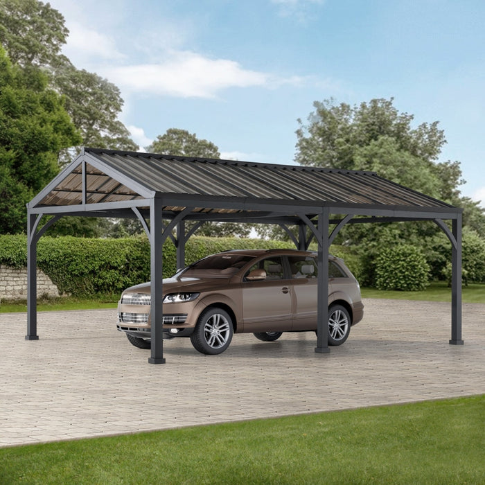 AutoCove 14x20 Brown Polycarbonate Gable Roof Metal Carport/Gazebo with 2 Ceiling Hooks Carports
