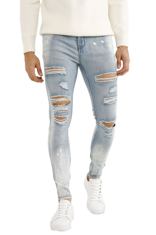 Gingtto Trendy Ripped Dark Blue Knee Skinny Fashion Jeans for Men - 28