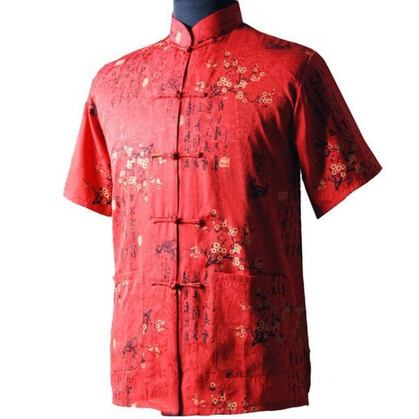 Short Sleeve Cotton Chinese Shirt with Floral & Calligraphy Pattern ...
