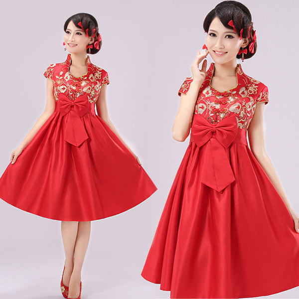 Empire Waist Cap Sleeve Knee Length Chinese Wedding Dress – IDREAMMART