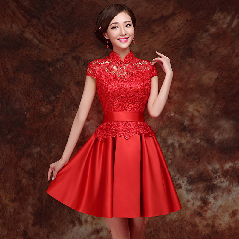 Mandarin Collar Lace Top Satin Skirt Chinese Wedding Dress – IDREAMMART