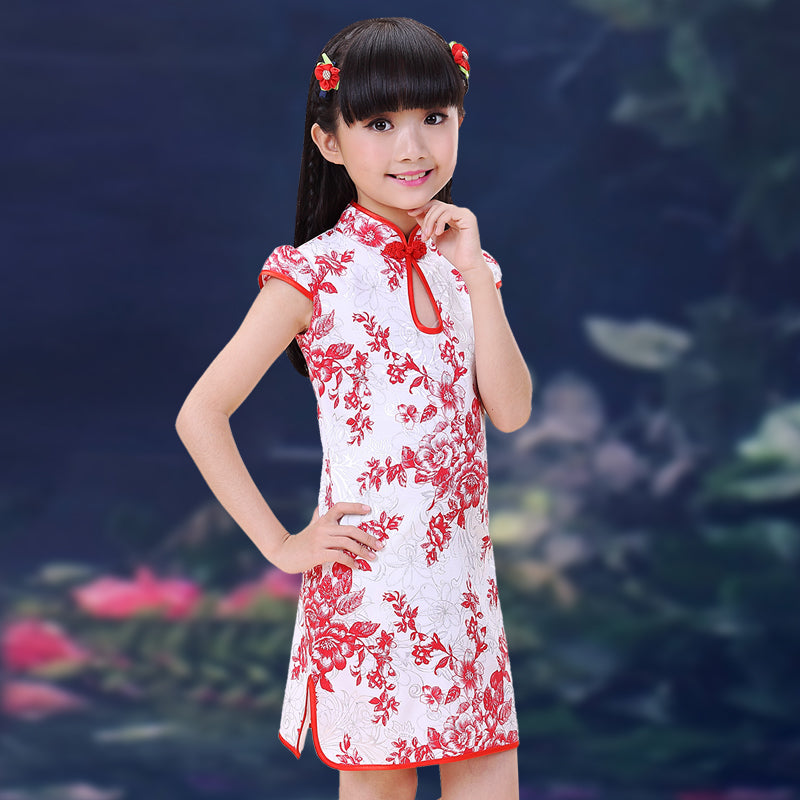 Cap Sleeve Key Hole Neck Kid's Cheongsam Floral Chinese Dress – IDREAMMART