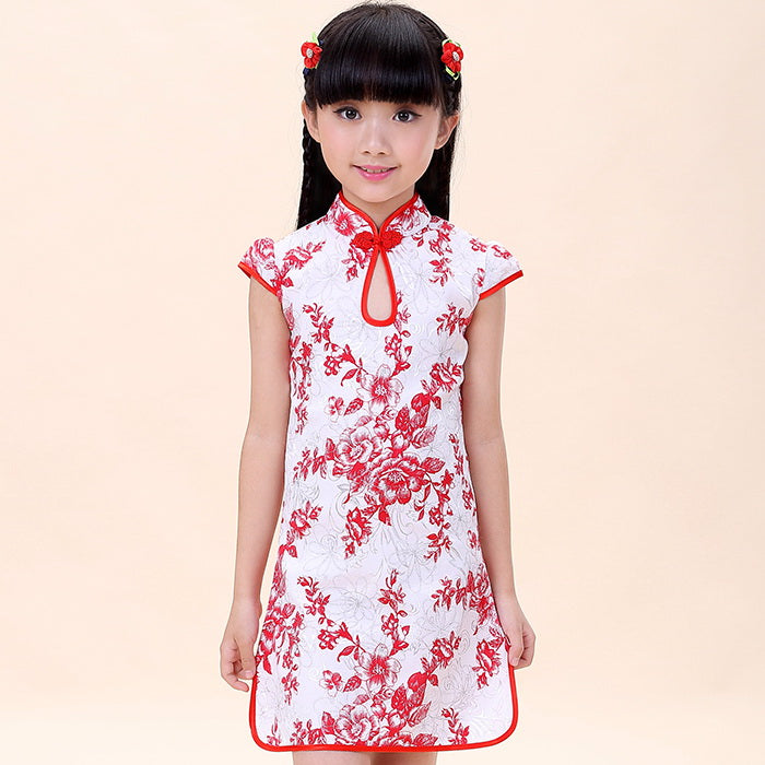 Cap Sleeve Key Hole Neck Kid's Cheongsam Floral Chinese Dress – IDREAMMART