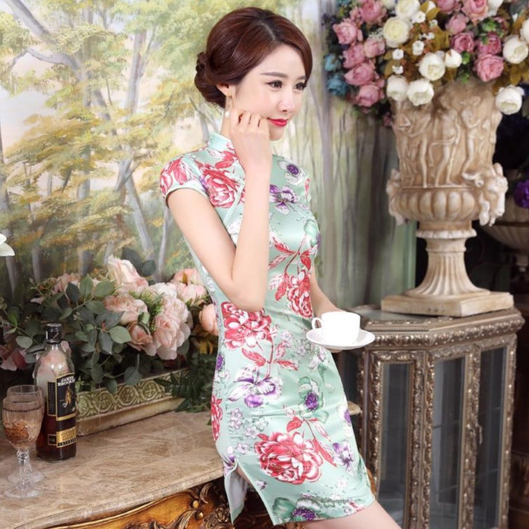 Knee Length Silk Blend Floral Cheongsam Evening Dress – IDREAMMART