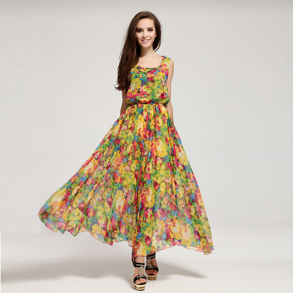 Square Neck Floral Chiffon Maxi Sun Dress – IDREAMMART