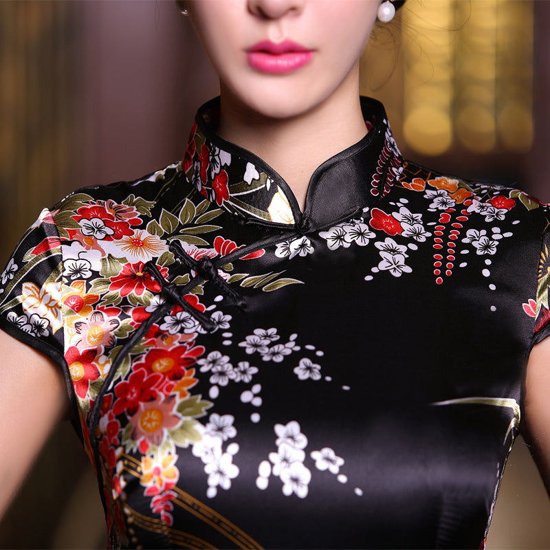 Cap Sleeve Mandarin Collar Floral Cheongsam Chinese Dress – IDREAMMART