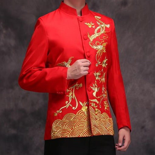 Phoenix & Floral Embroidery Satin Chinese Groom Suit – IDREAMMART