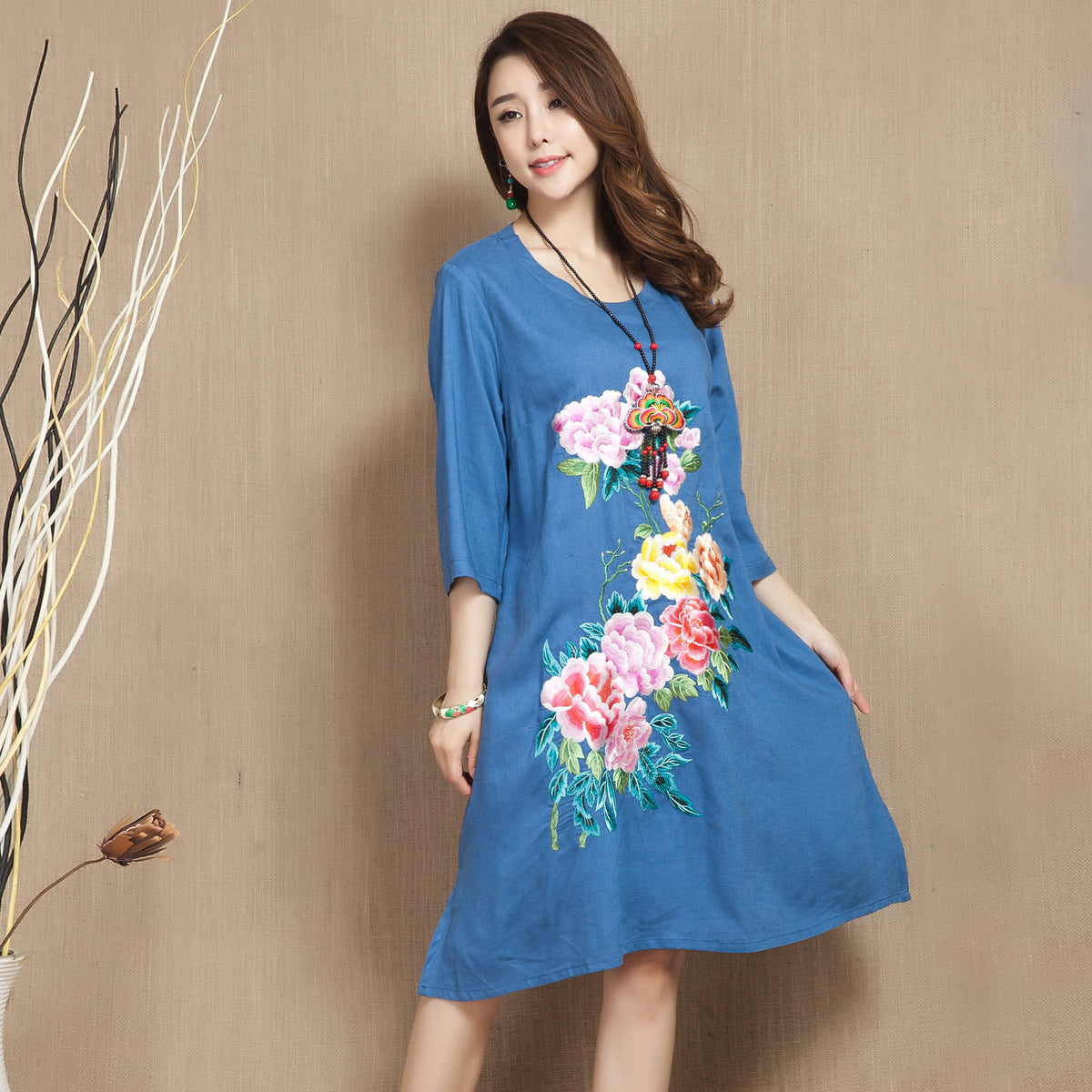 Peony Embroidery 3/4 Sleeve Signature Cotton Chinese Dress – IDREAMMART