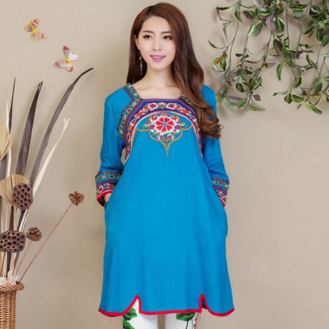3/4 Sleeve Round Neck Floral Embroidery Traditional Chinese Dress ...