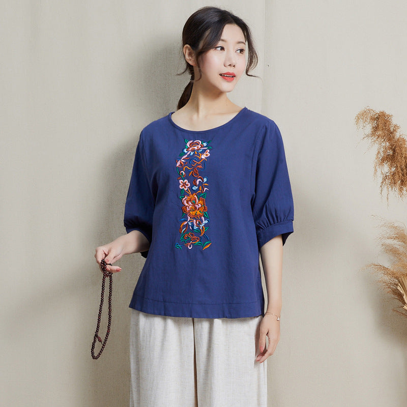 Signature Cotton Round Neck Floral Embroidery Traditional Chinese Blou ...