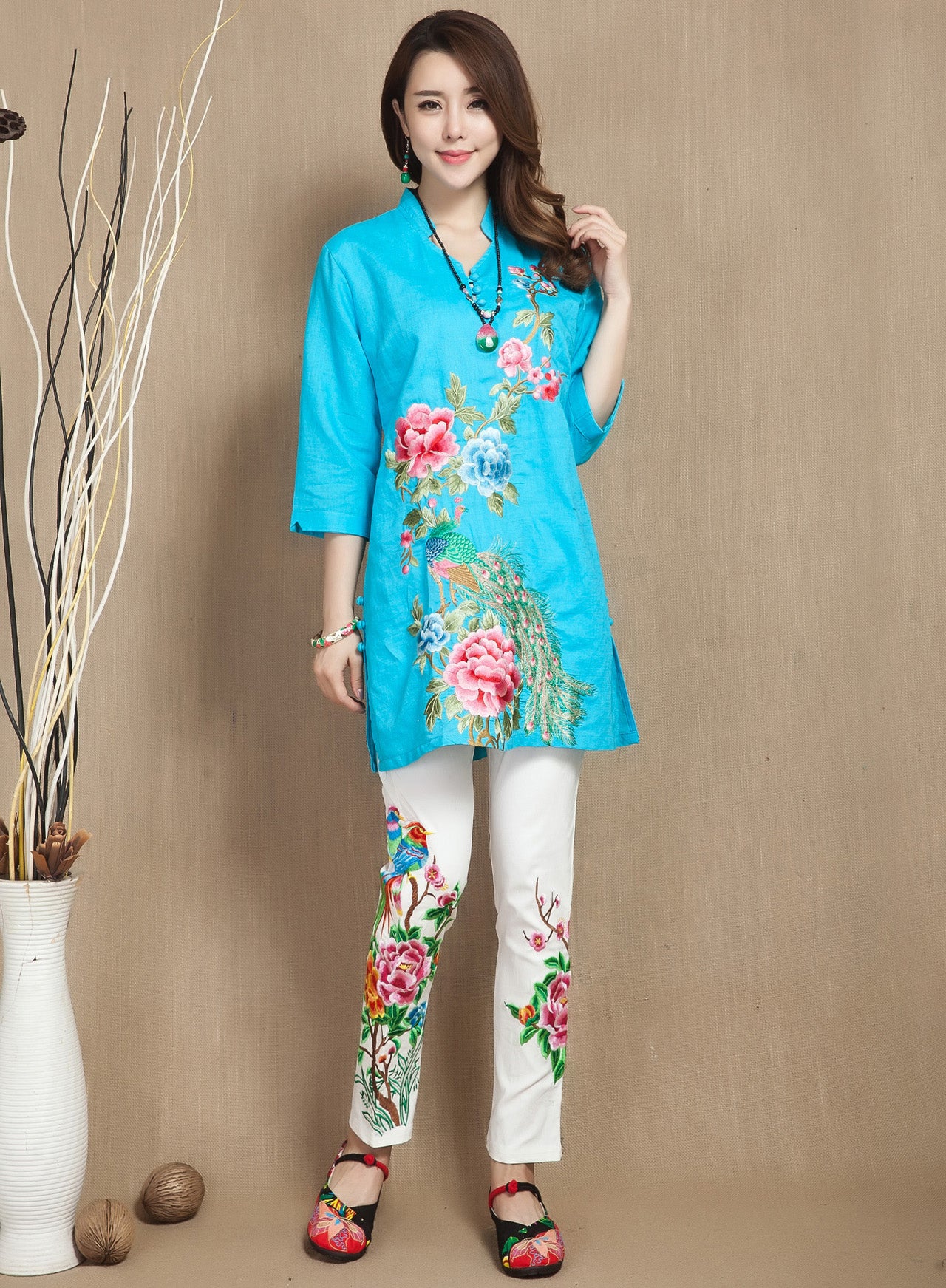 V Neck 3/4 Sleeve Floral Embroidery Long Chinese Blouse – IDREAMMART