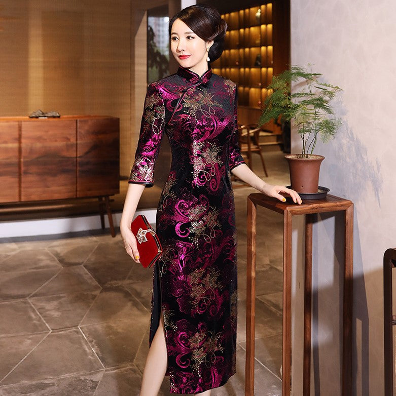 3/4 Sleeve Full Length Floral Velvet Cheongsam Chinese Dress Mother Dr ...