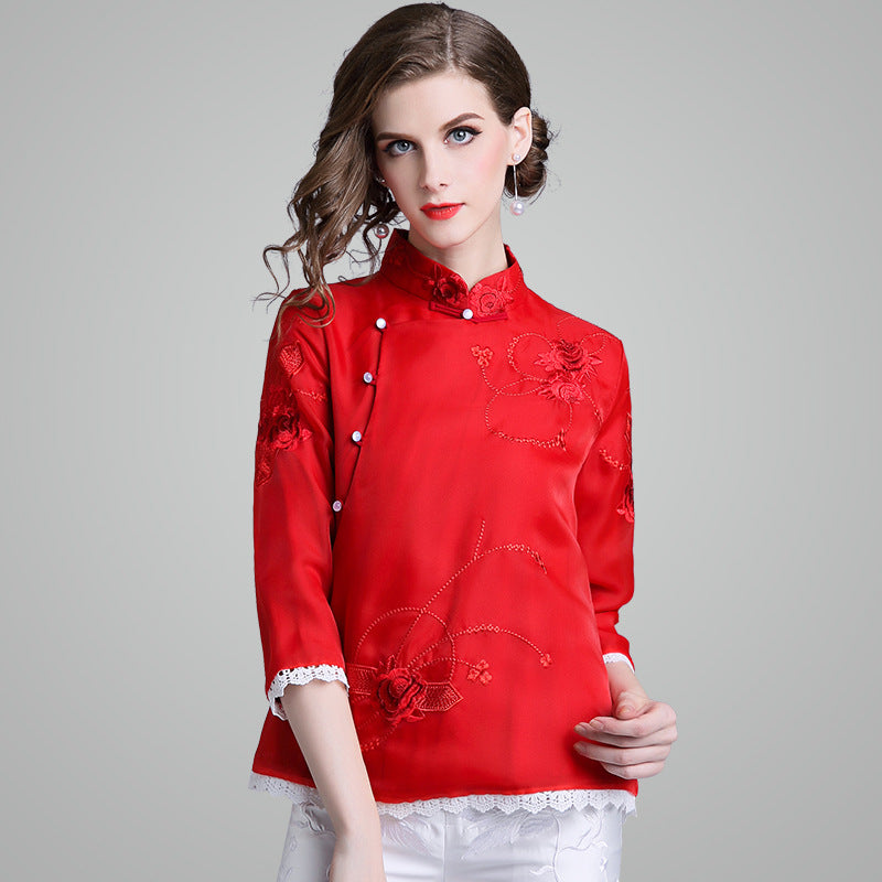 Mandarin Collar Floral Embroidery Organza Chinese Coat – IDREAMMART