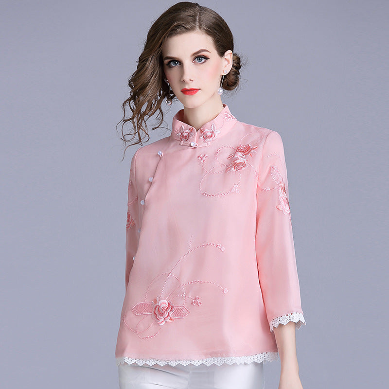 Mandarin Collar Floral Embroidery Organza Chinese Coat – IDREAMMART