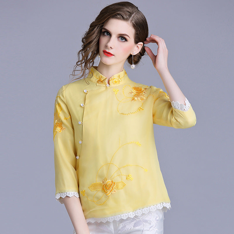 Mandarin Collar Floral Embroidery Organza Chinese Coat – IDREAMMART