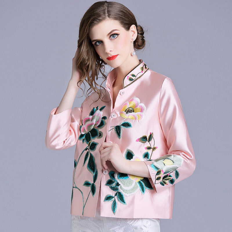 Floral Embroidery 3/4 Sleeve Short Chinese Jacket – IDREAMMART