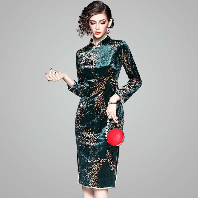 Long Sleeve Leopard Print Fancy Cotton Cheongsam Chinese Dress – IDREAMMART