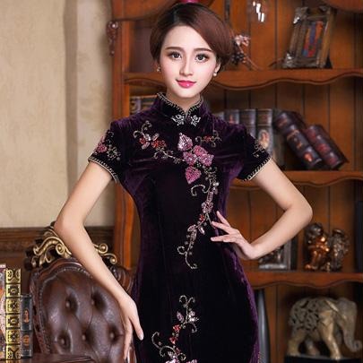 Floral Embroidery Cap Sleeve Knee Length Velvet Cheongsam Chinese Dres ...