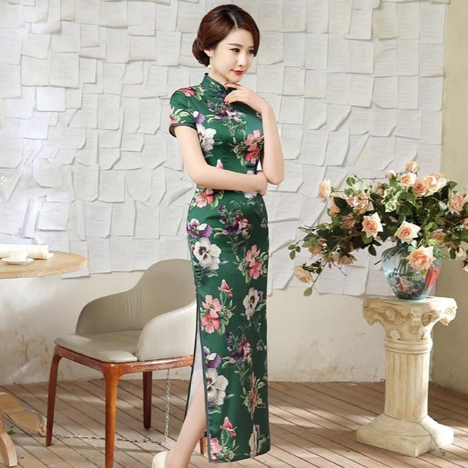 Cap Sleeve Tea Length Floral Cheongsam Chinese Dress – IDREAMMART