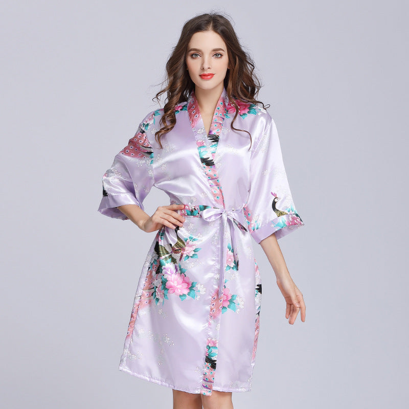 Half Sleeve Peacock Pattern Silk Kimono Yukata Sleepwear – IDREAMMART