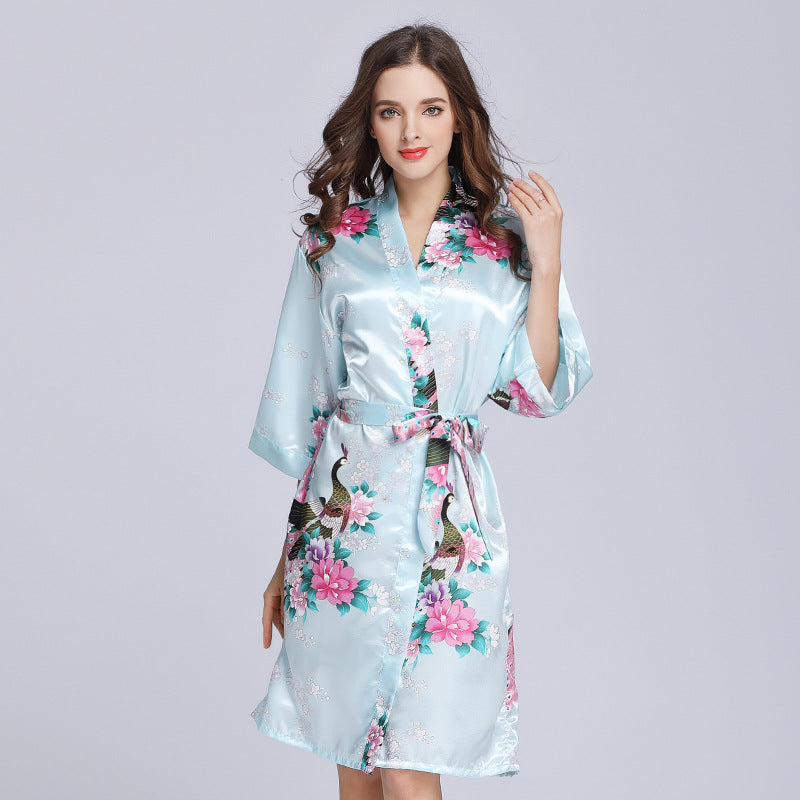 Half Sleeve Peacock Pattern Silk Kimono Yukata Sleepwear – IDREAMMART