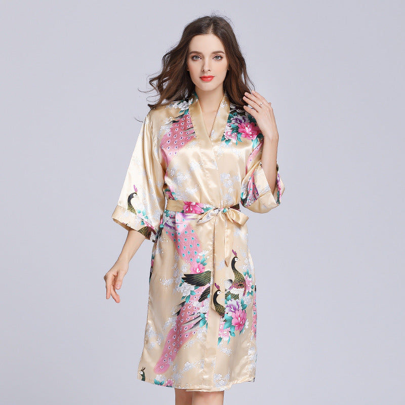 Half Sleeve Peacock Pattern Silk Kimono Yukata Sleepwear – IDREAMMART