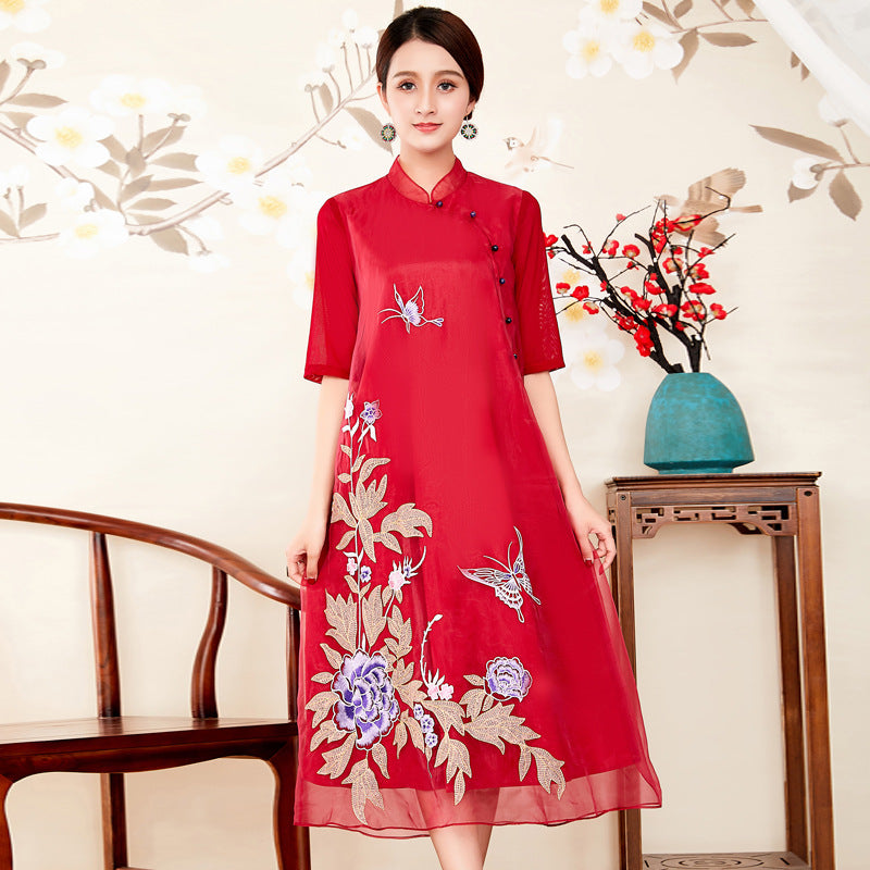 Floral Embroidery Half Sleeve Tea Length Cheongsam Prom Dress – IDREAMMART